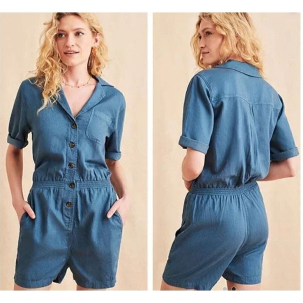 Faherty Arlie Short Romper Tencel Linen Blend Soft Blue Button Front Size Medium